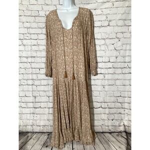 Carly Jean Los Angeles Tan Floral Tassel Tiered Maxi Dress Small Boho